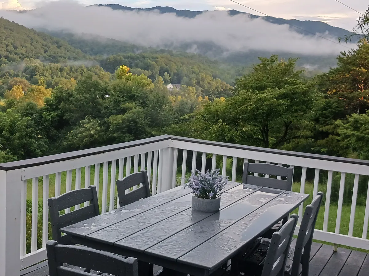 This image depicts an outdoor dining table overlooking sweeping mountain views, with a potted plant adding a touch of life and color. The relaxed atmosphere is perfect for al fresco dining, morning coffee, or hosting an evening under the stars with a loved one.
