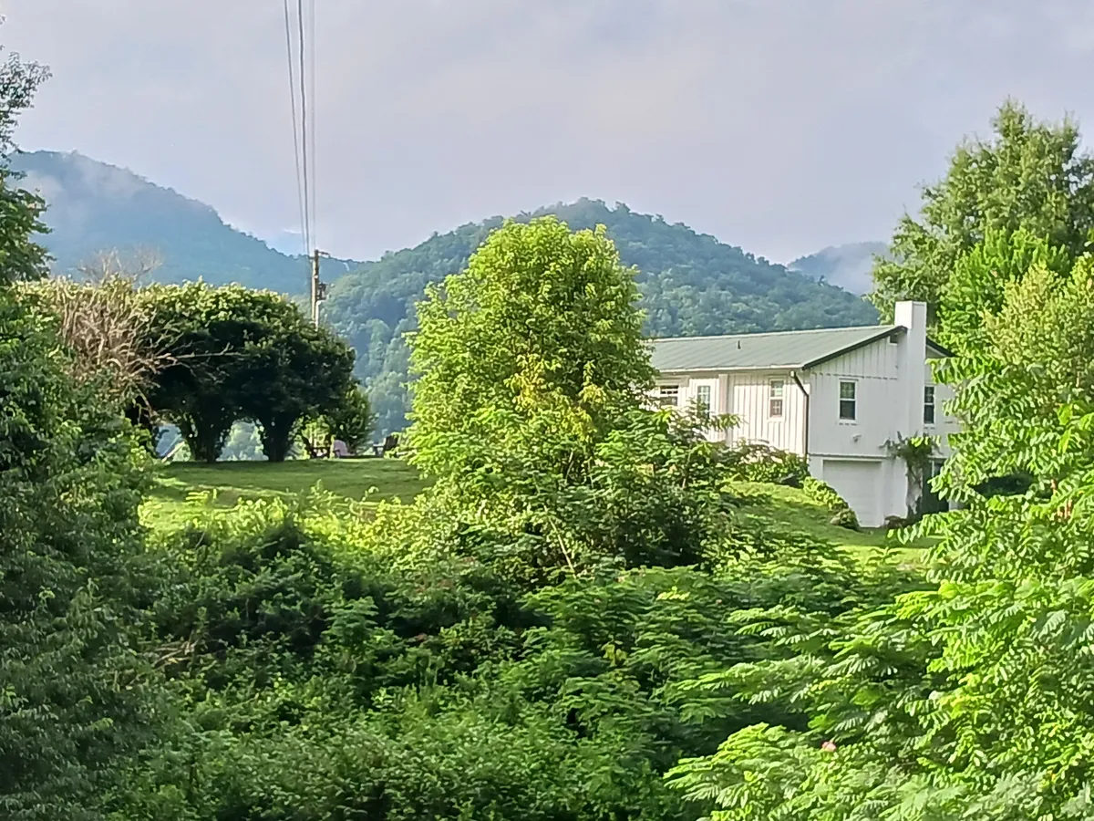 This image shows the exterior of the house nestled among mature trees with the majestic mountain backdrop visible in the distance. The lush greenery and spacious surroundings evoke a sense of tranquility and immersion in nature, highlighting the property's proximity to the Great Smoky Mountains and its suitability as a base for outdoor adventures.