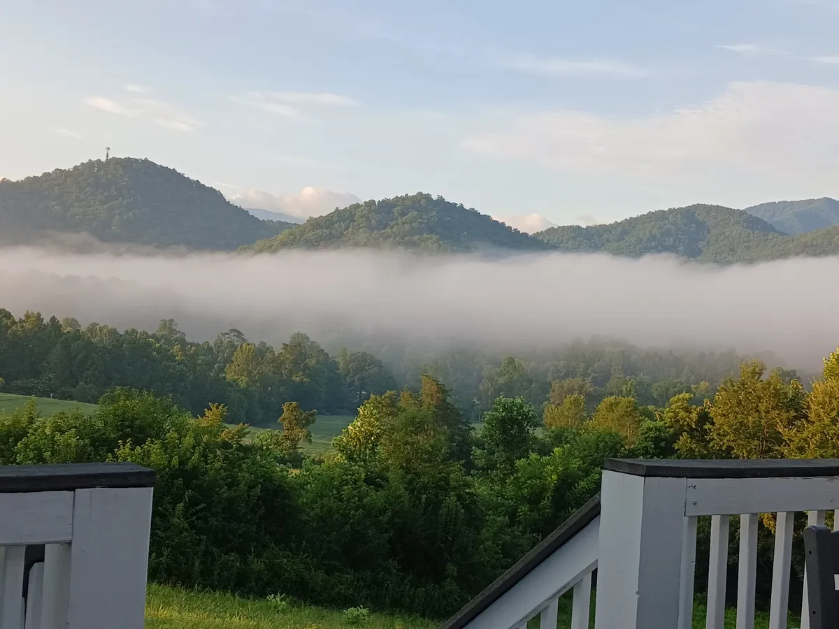 This view showcases mist-covered mountains and lush green trees, with fog rolling through the valley. The sweeping landscape evokes the natural beauty and adventure possibilities of the Great Smoky Mountains, inviting guests to imagine days spent hiking, riding, or picnicking in the great outdoors.